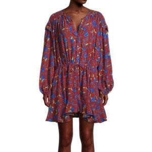 FREE PEOPLE Women Large Flower Fields Henley Drawstring‎ Waist Boho Mini Dress
